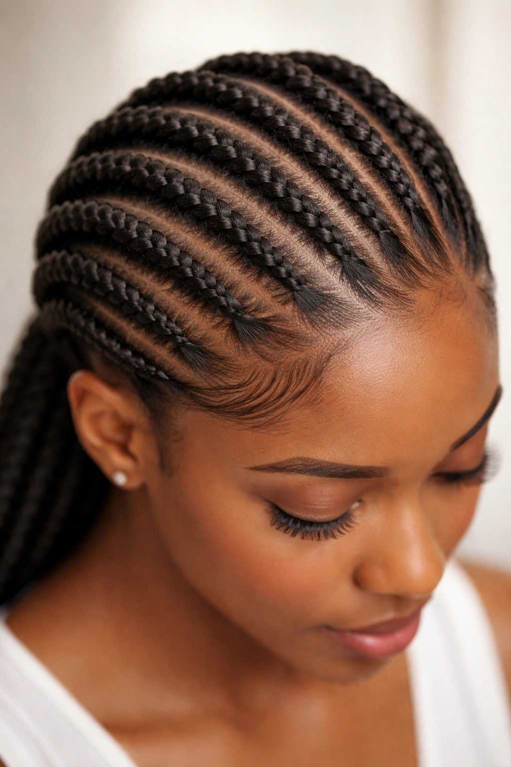Top-down view of flat twists along the scalp in a linear pattern