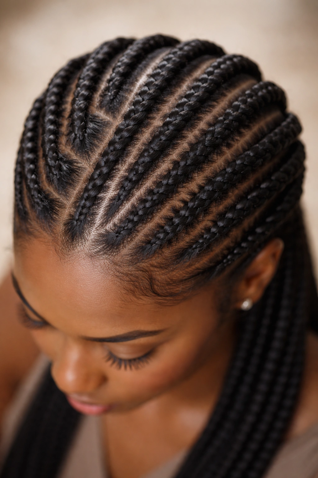 Top-down view of flat twists along the scalp forming a geometric pattern