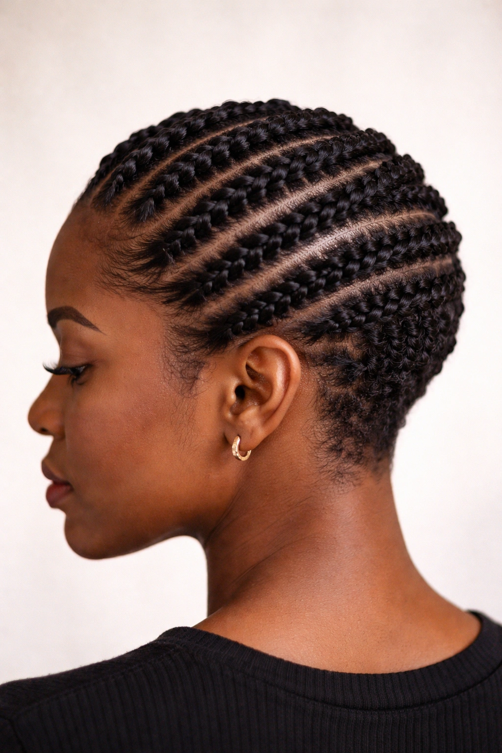 Close-up of flat twists lying flat against the scalp on short afro hair