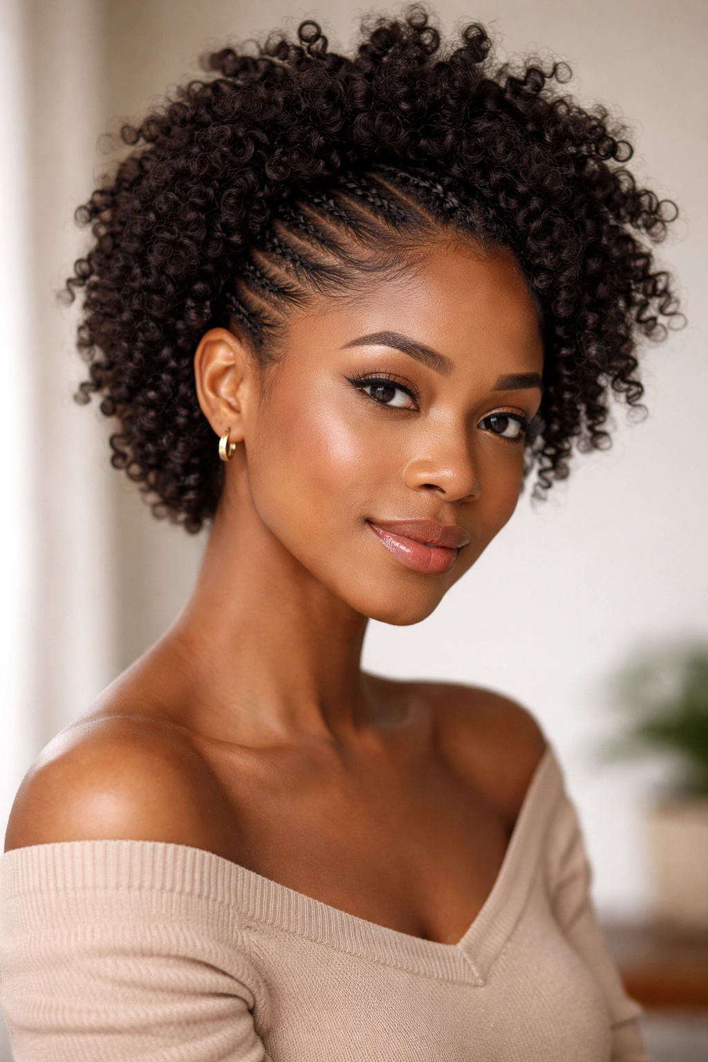 Head with flat twists on sides and free coils on top and back
