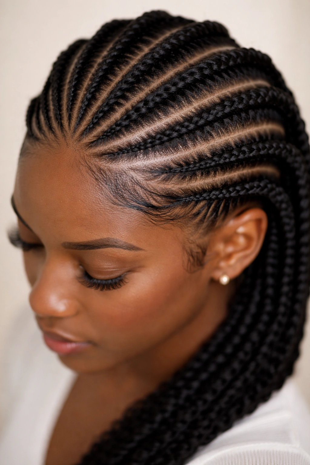 Close-up of two-strand flat twists along the scalp forming geometric patterns