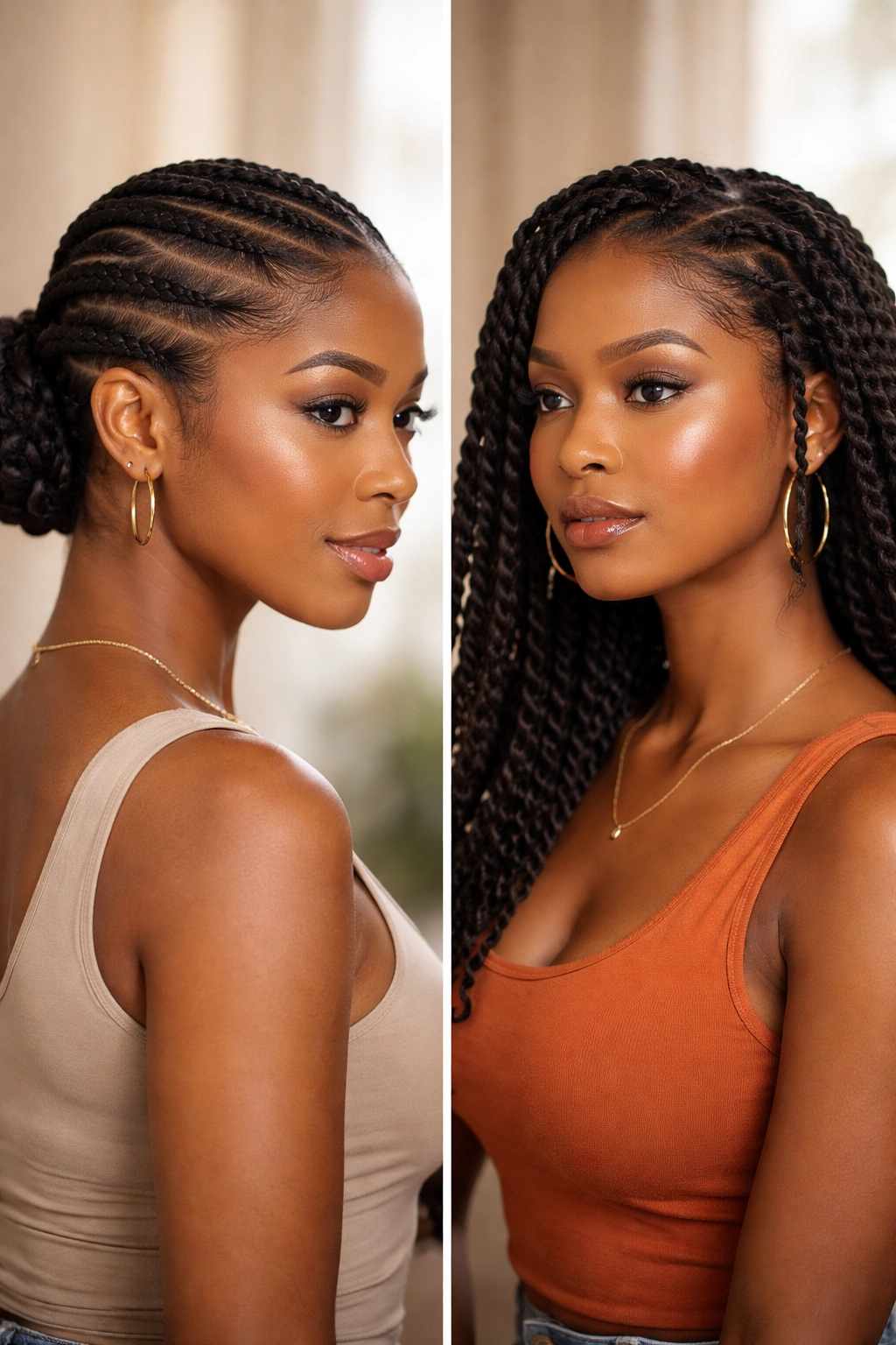 Side-by-side heads displaying flat twists and two-strand twists for protective styling