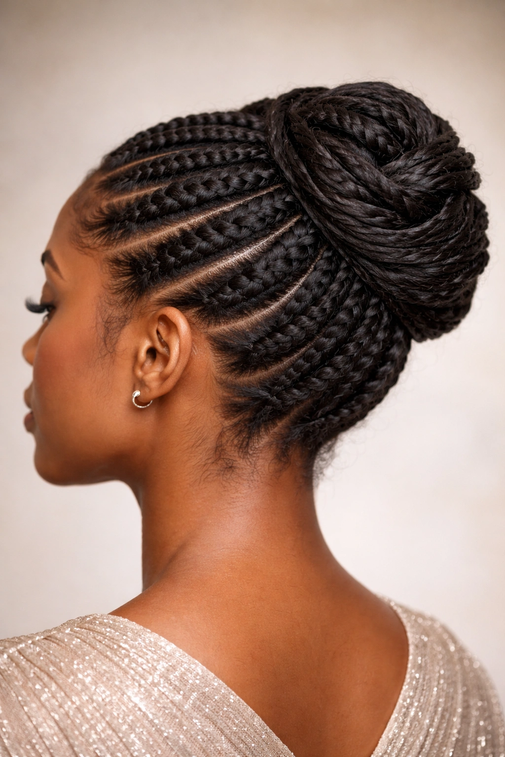 Head with flat twists forming an updo on medium to long afro hair