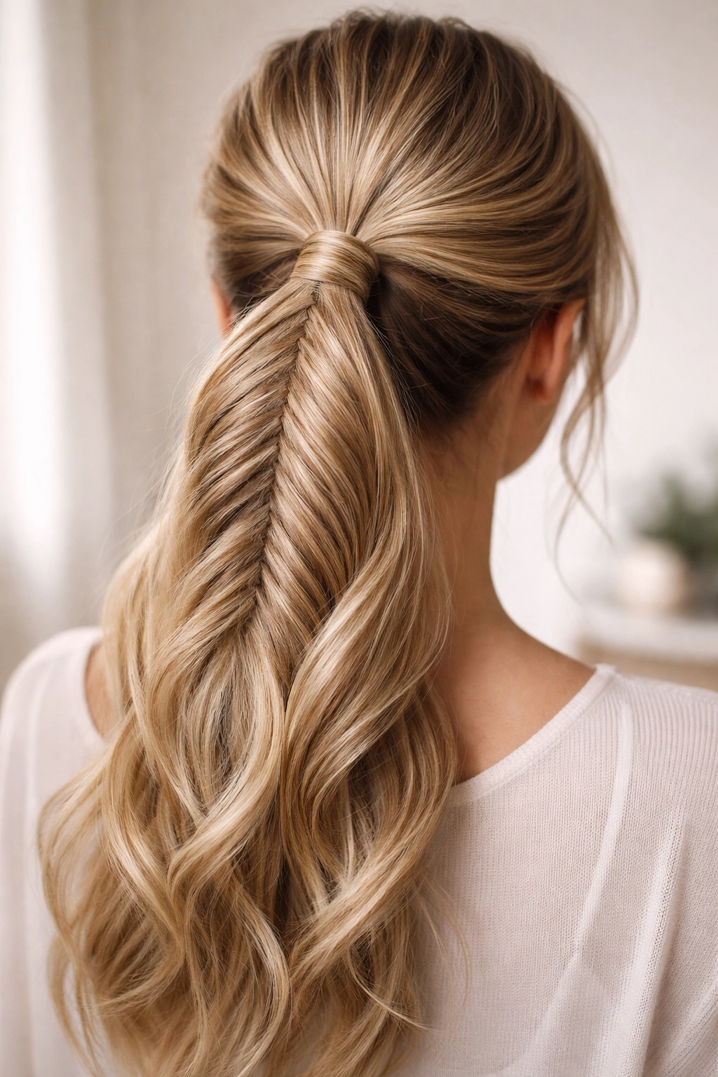 Close-up of a flawless fishtail ponytail showing crisp sections and texture.