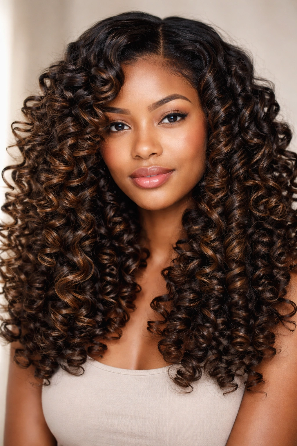 Close-up of large, defined spiral curls formed with flexi-rods on 3c-4a hair in a studio