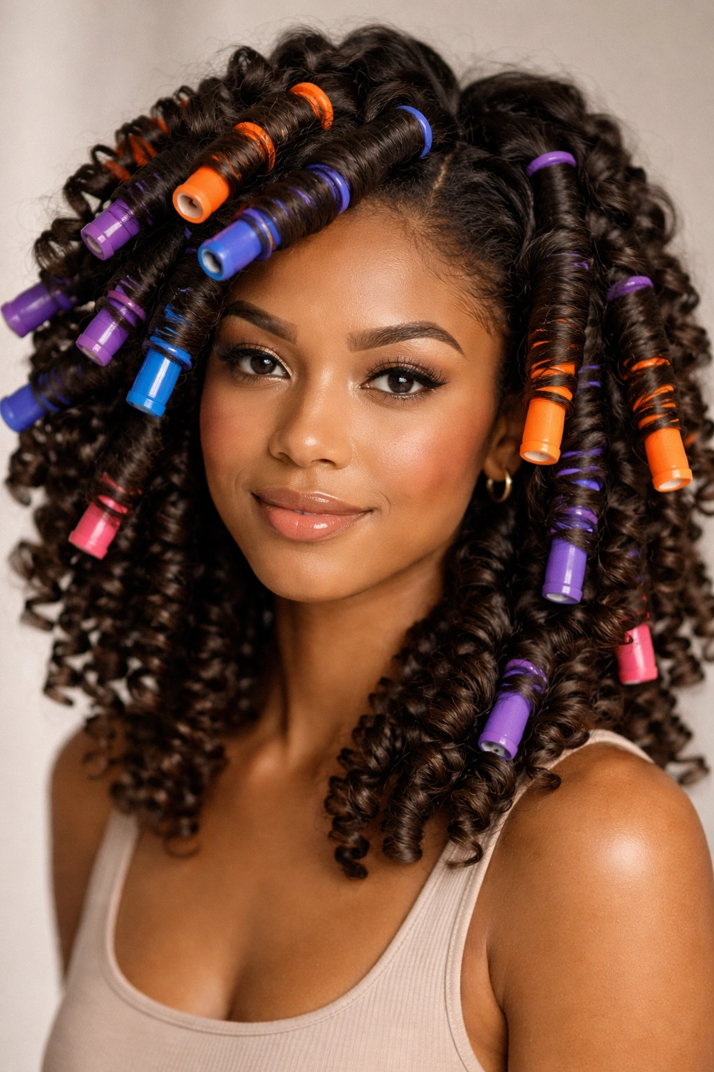 Spiral curls formed with flexi-rods on thick curly hair.