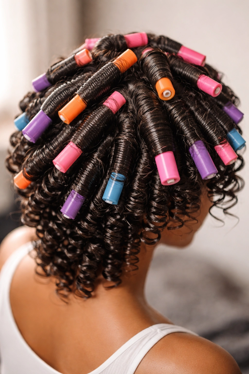 Head showing a flexi-rod set with defined curls wrapped around rods.