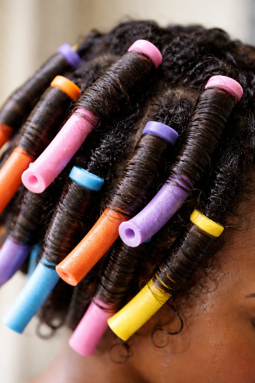 Close-up of damp hair wrapped around flexi-rods for curl definition