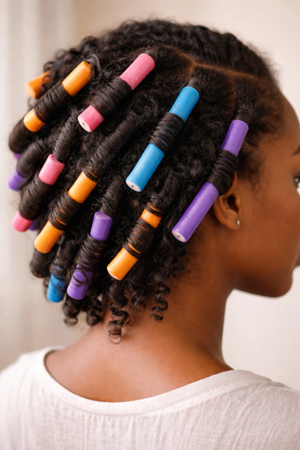 Hair wrapped around flexible foam rods ready for setting