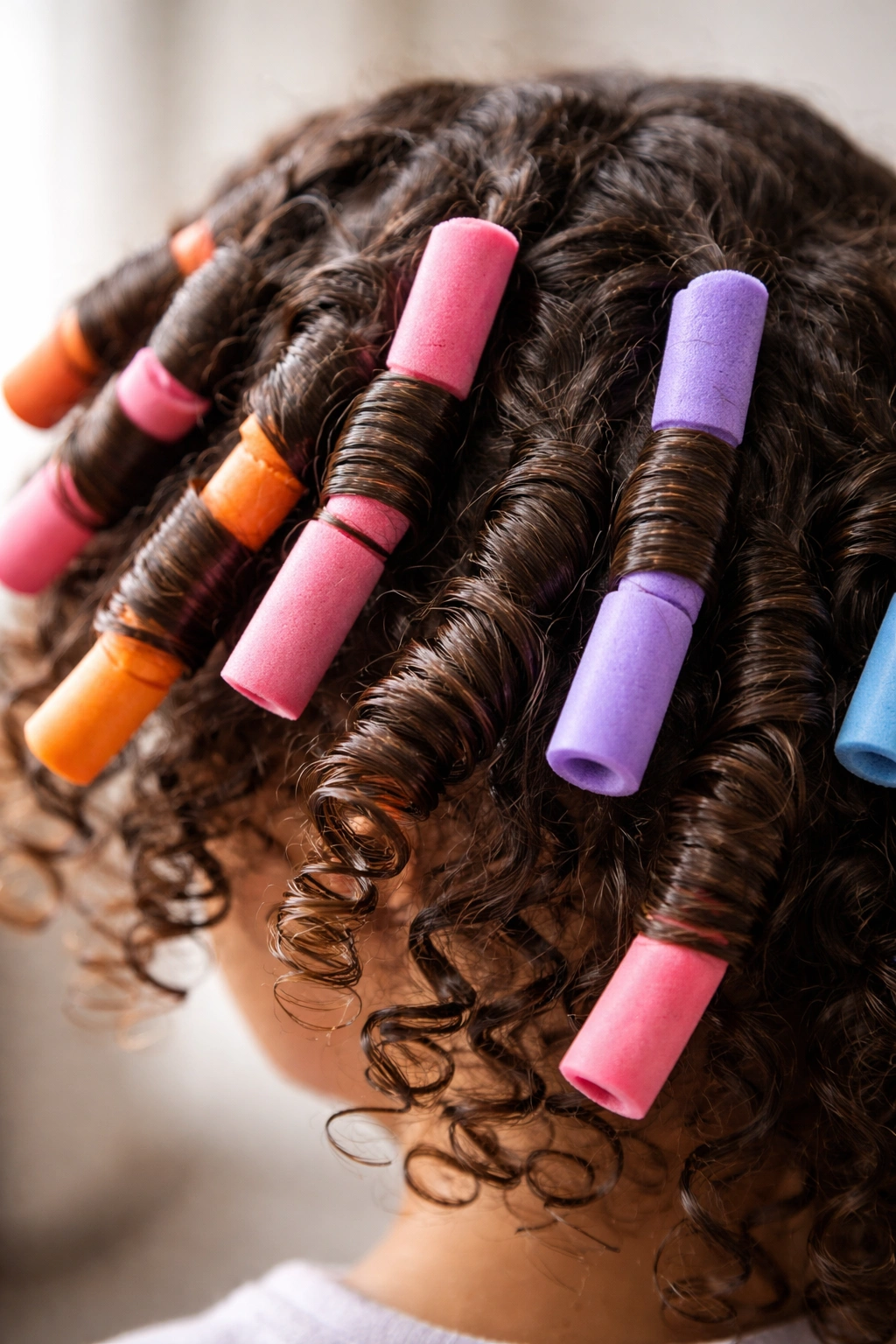 Close-up of damp curls wrapped around flexi rods for defined ringlets