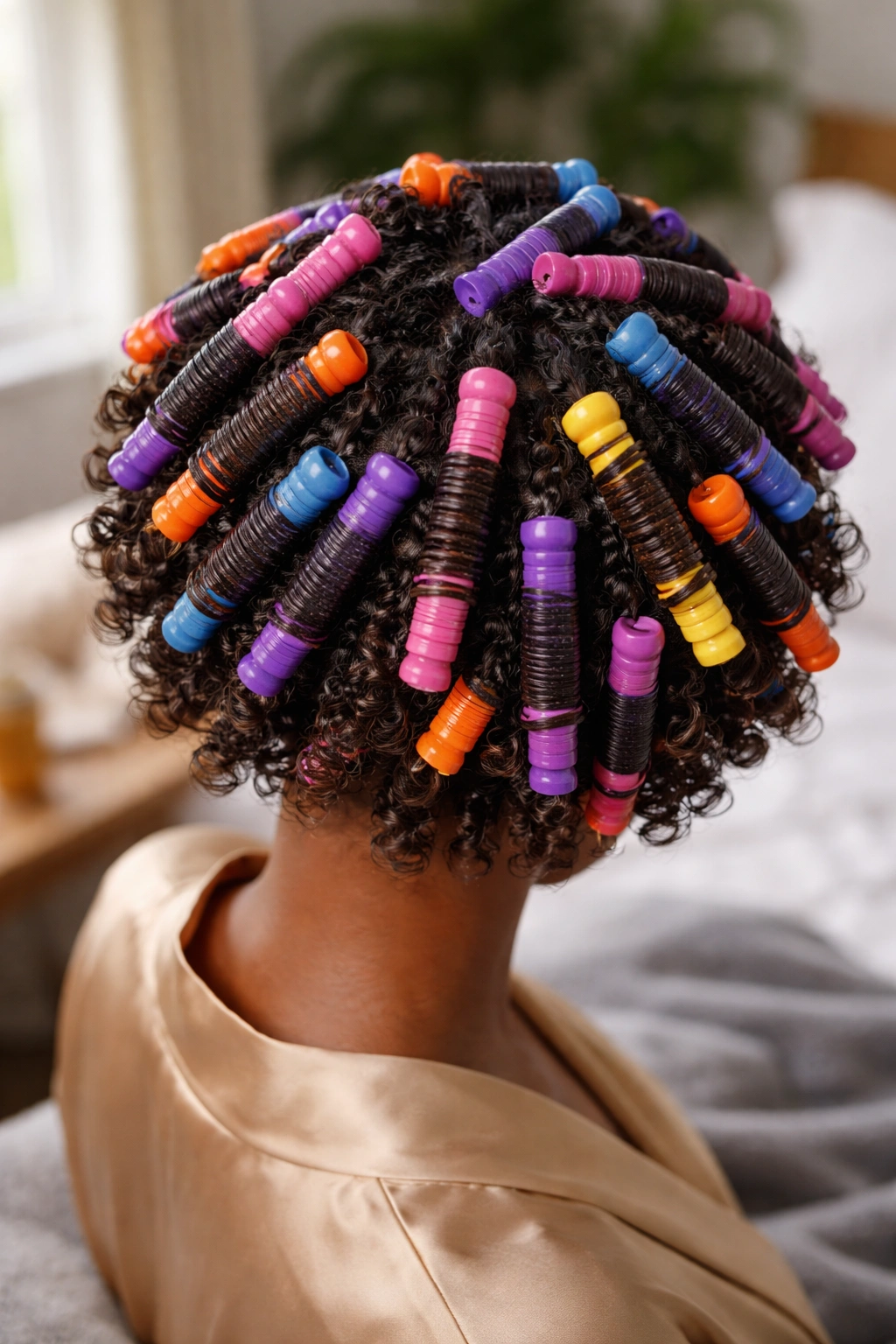 Close-up of head with colorful flexi rods in damp hair