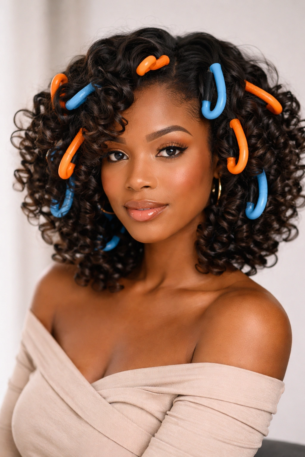 Close-up of hair with flexi-rods creating soft loose curls