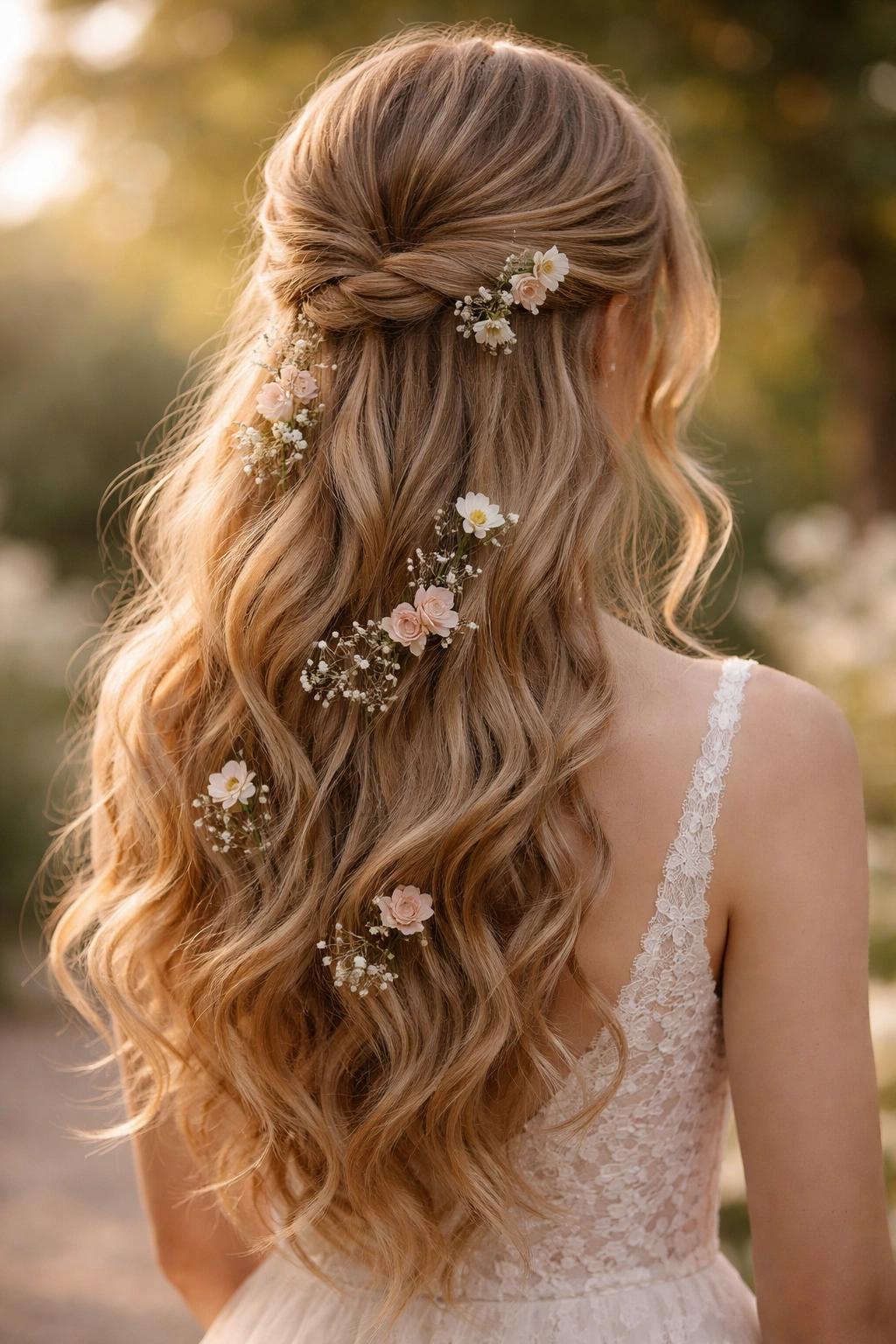 Half-up hairstyle with scattered flowers floating among waves on the back of the head