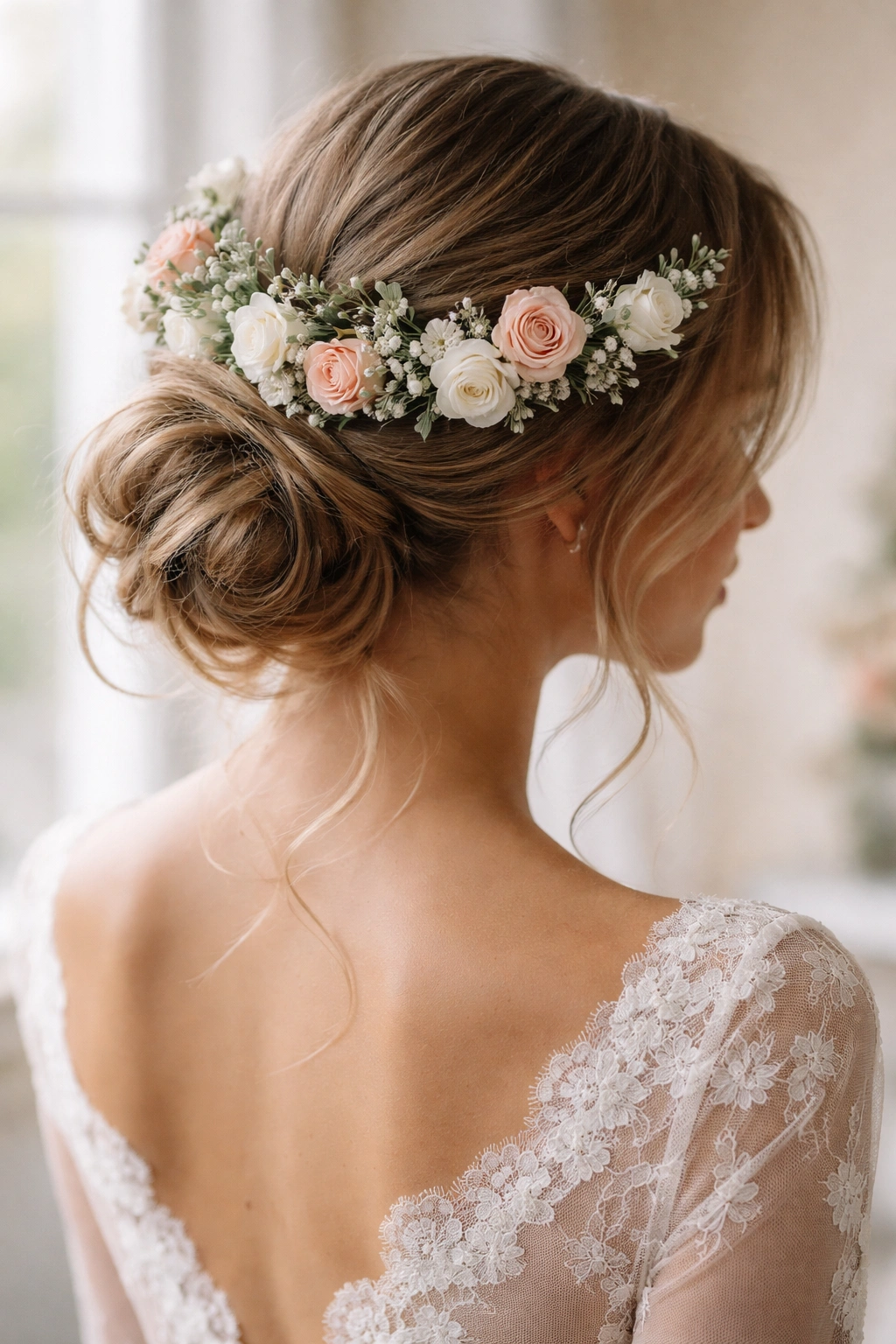 Romantic low bun with floral crown