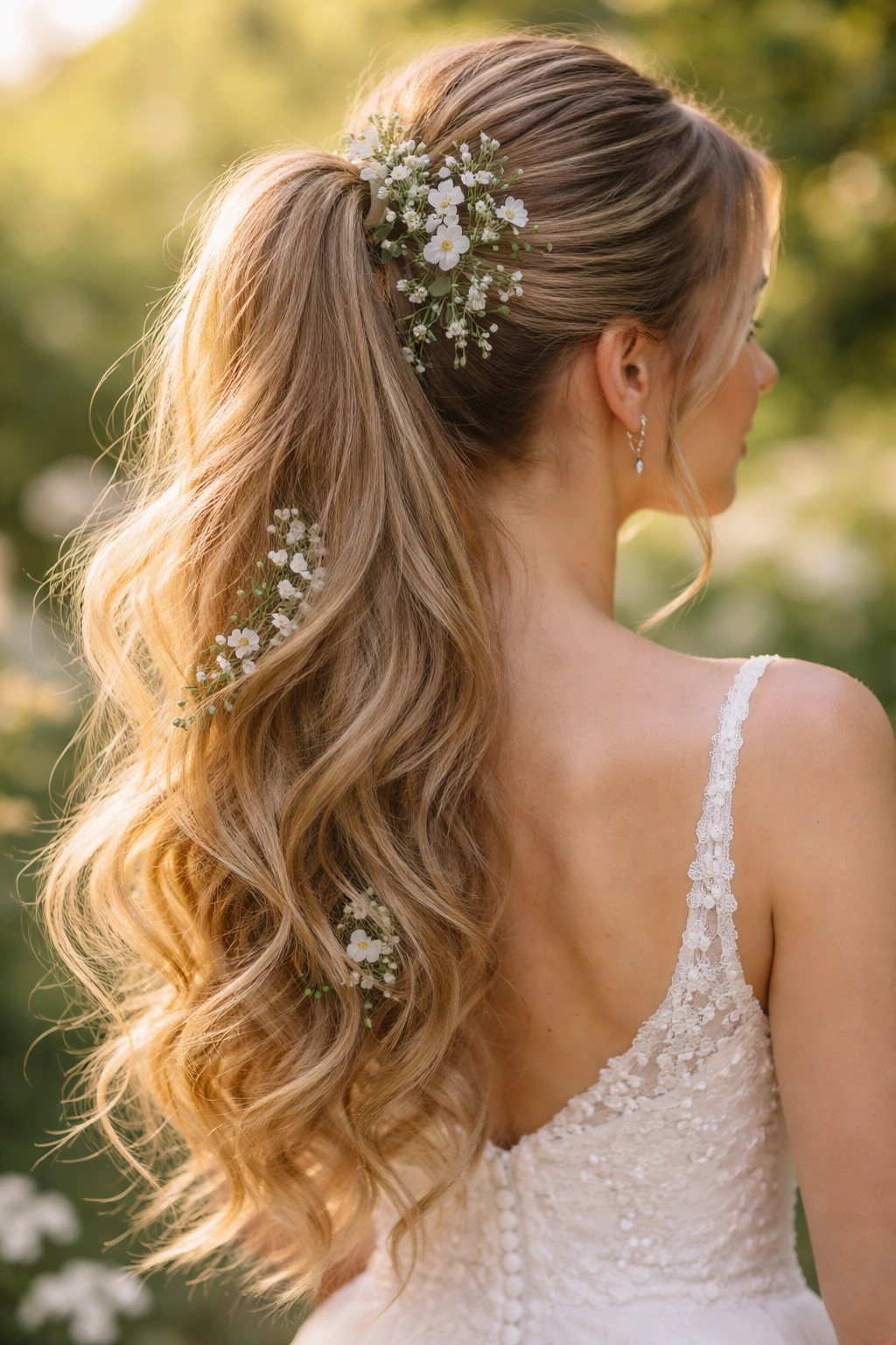 Bridal high ponytail with flowers and greenery