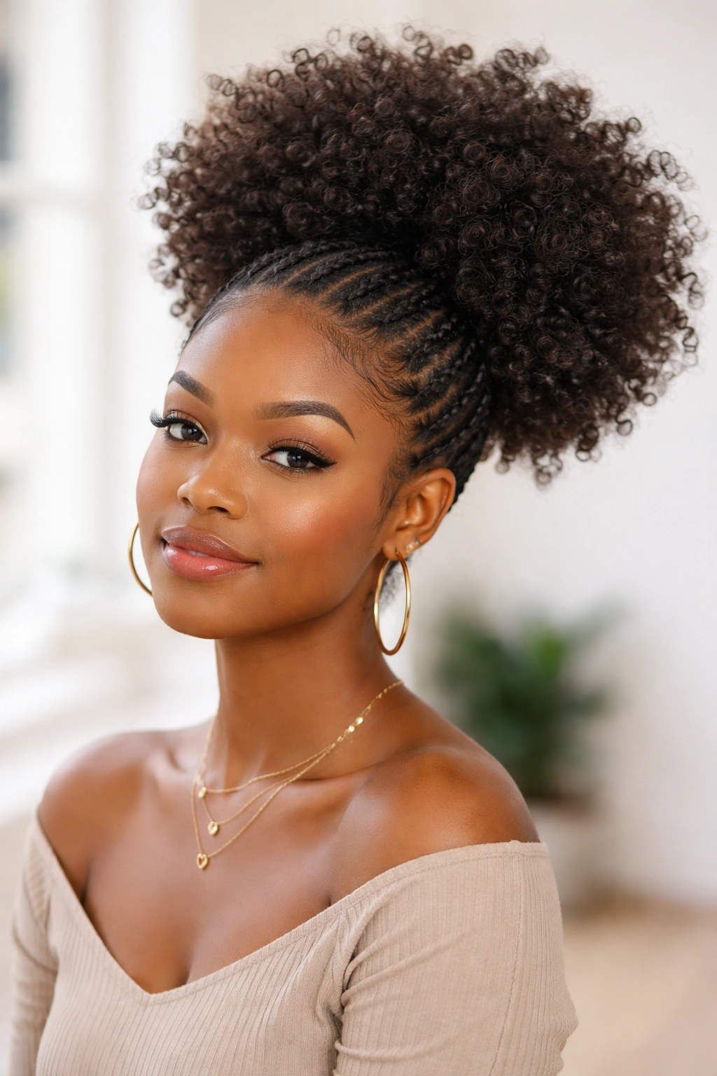 Voluminous fluffy curls forming a high afro puff crochet hairstyle