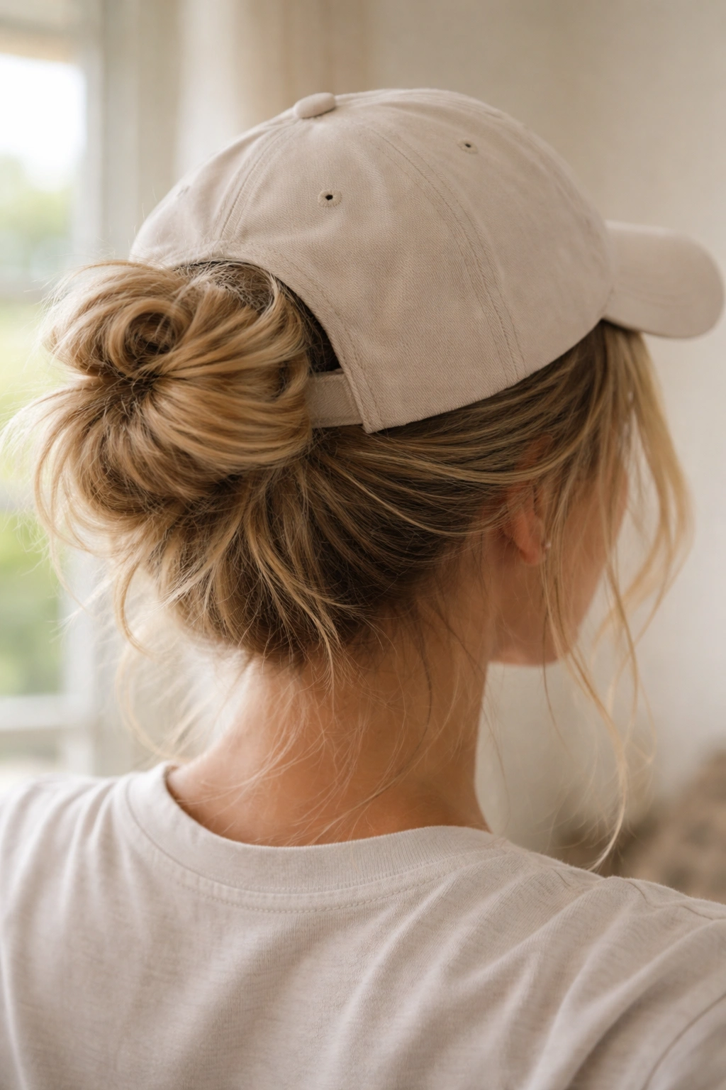 Messy bun with flyaways at the hairline under a hat