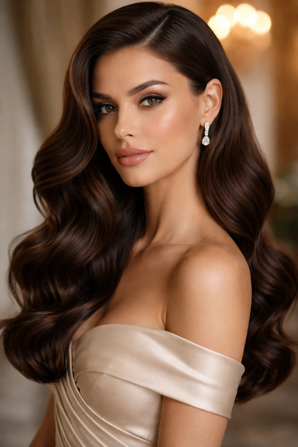 Brunette hair styled in polished Hollywood waves for formal events