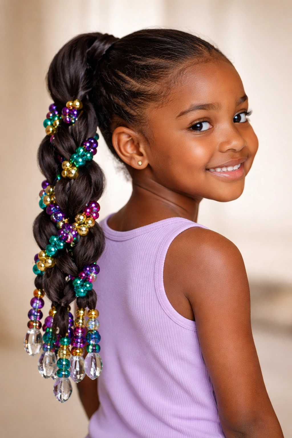Four-strand beaded braid ponytail with multiple strands and beads