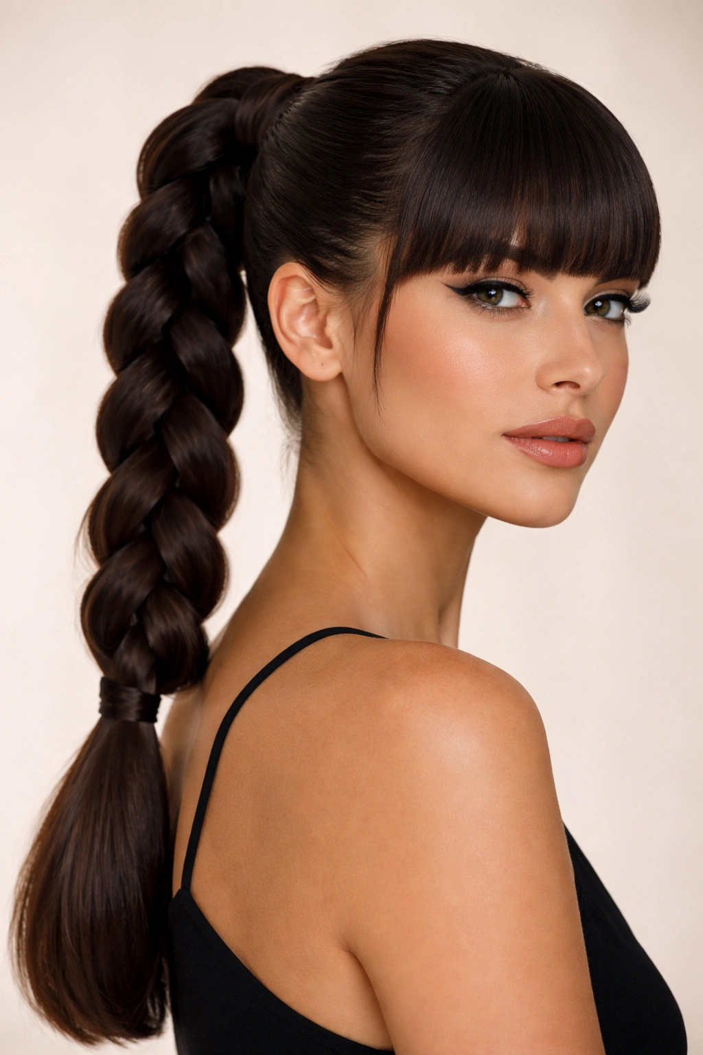 Four-strand braid into ponytail with blunt bangs formal hairstyle
