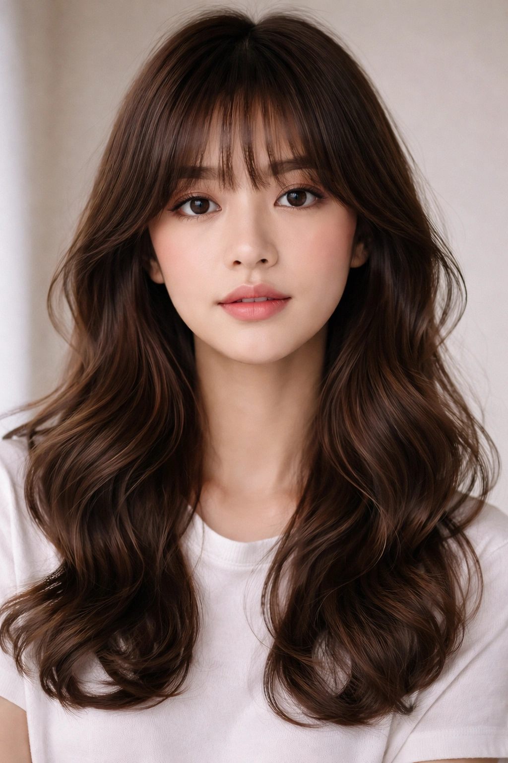 Model with French bangs above the eyebrows and loose waves.