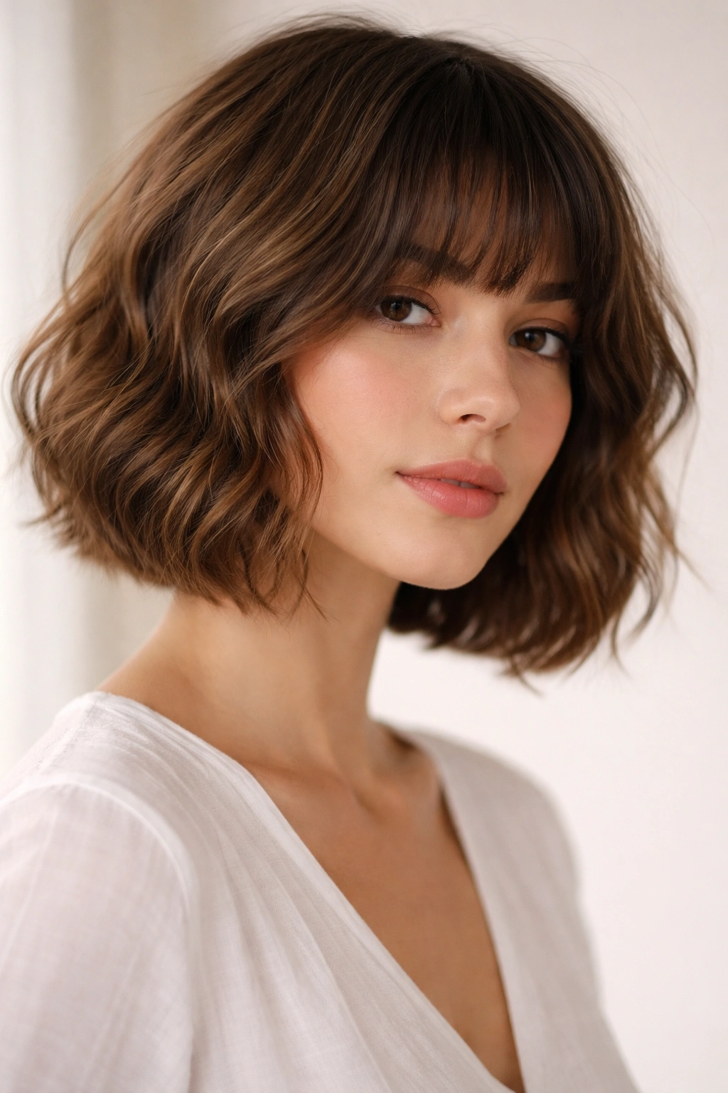 Chin-length French bob with waves showing a smooth silhouette and subtle internal layers