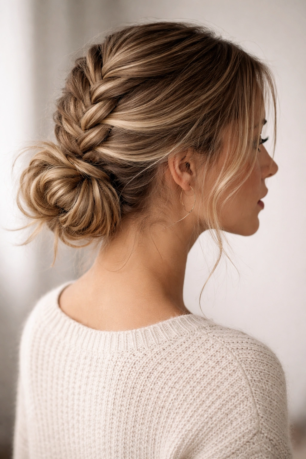 Close-up of a classic French braid flowing into a low messy bun with face-framing strands