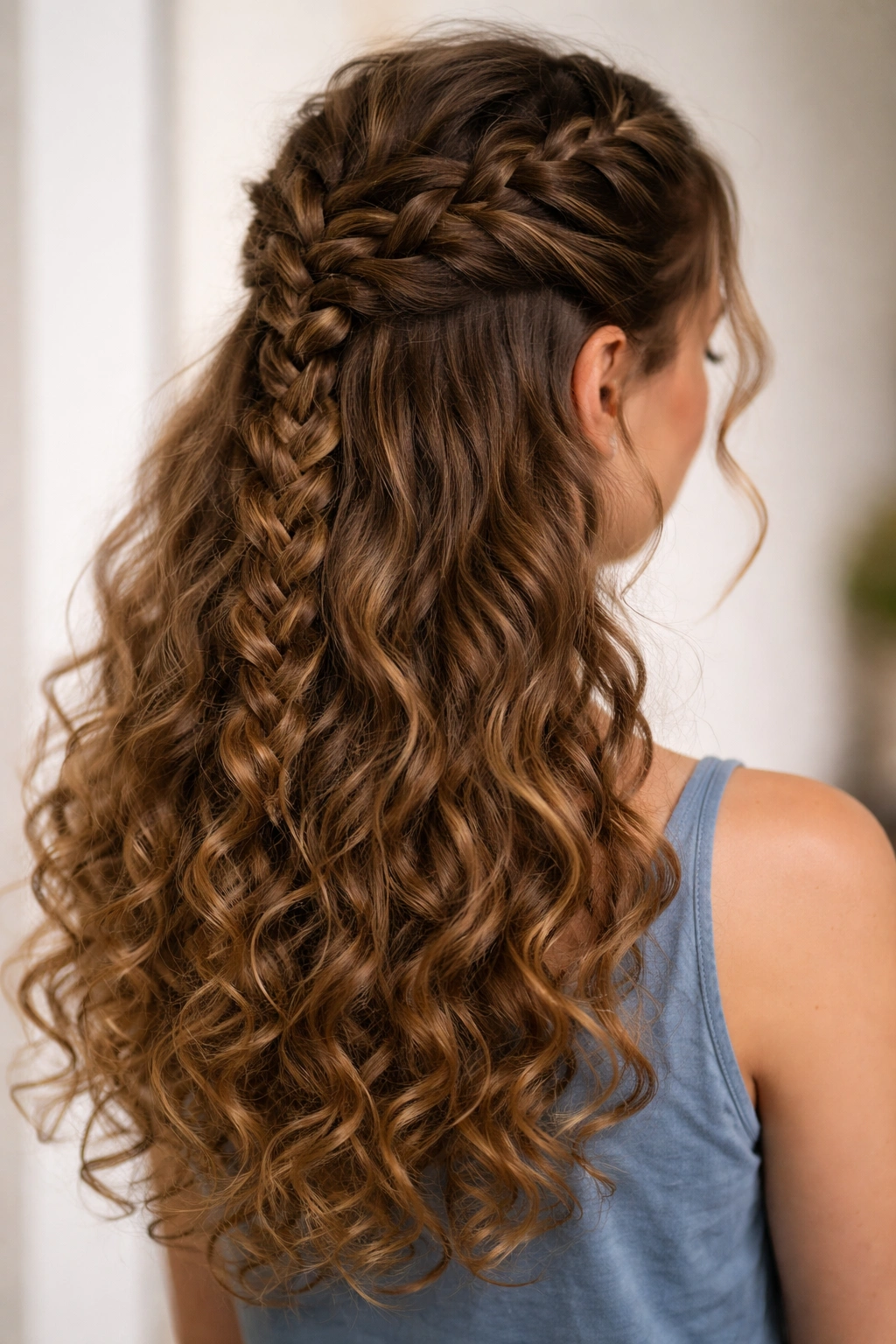 French braid on curly hair transitioning to loose curly ends