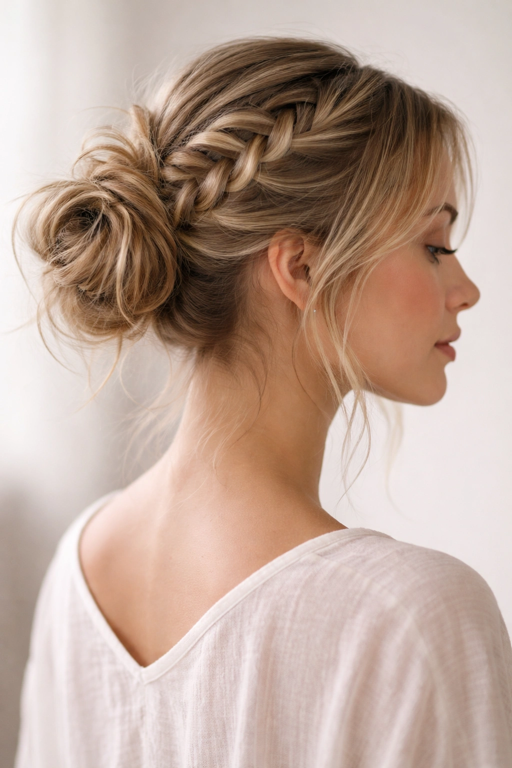 French braid flowing into a loose textured messy bun