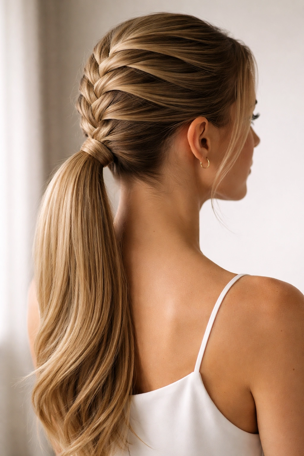 French braid flowing into a sleek low ponytail with seamless transition