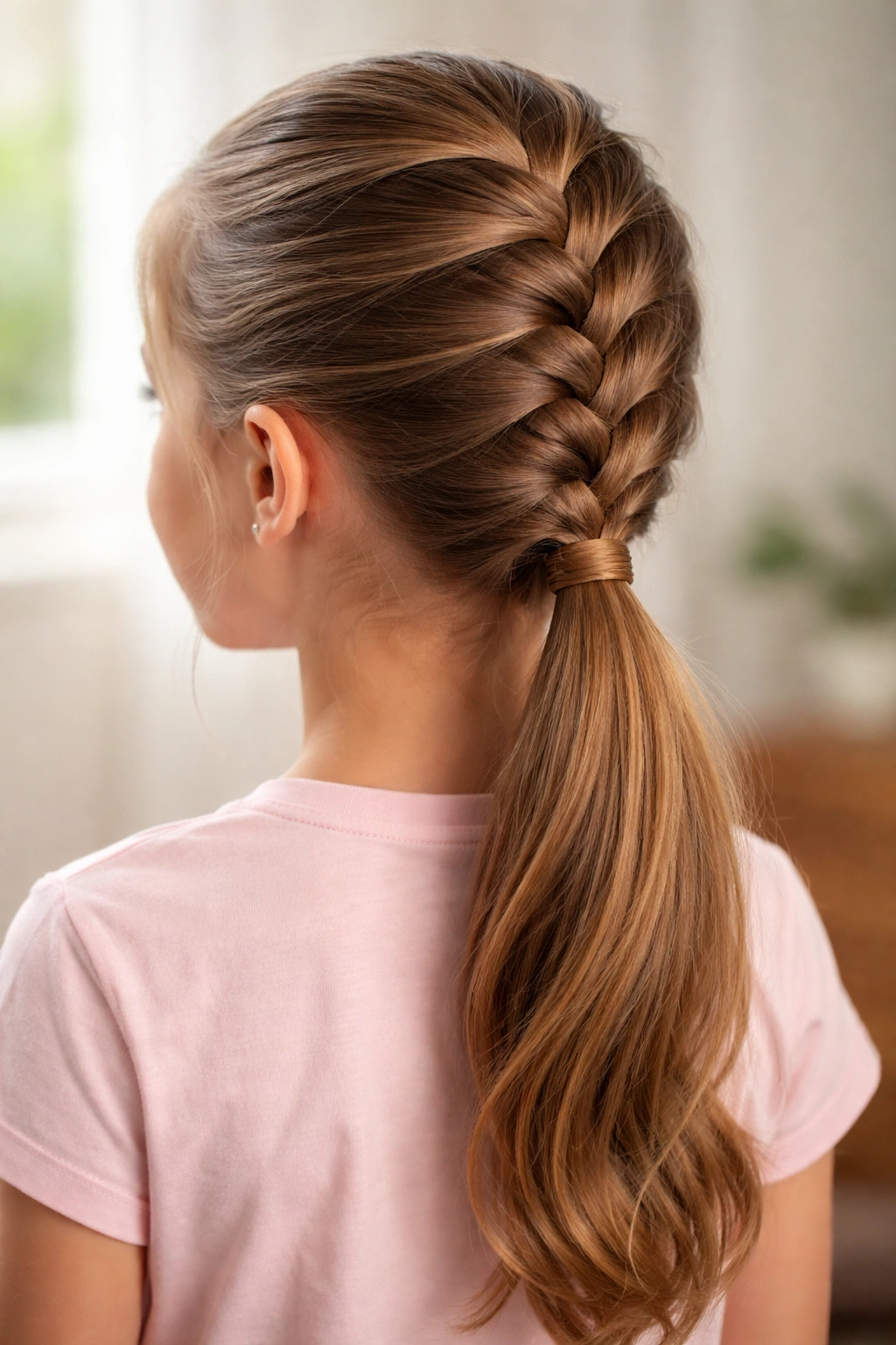 Close-up of a child's French braid ponytail with continuous weave.