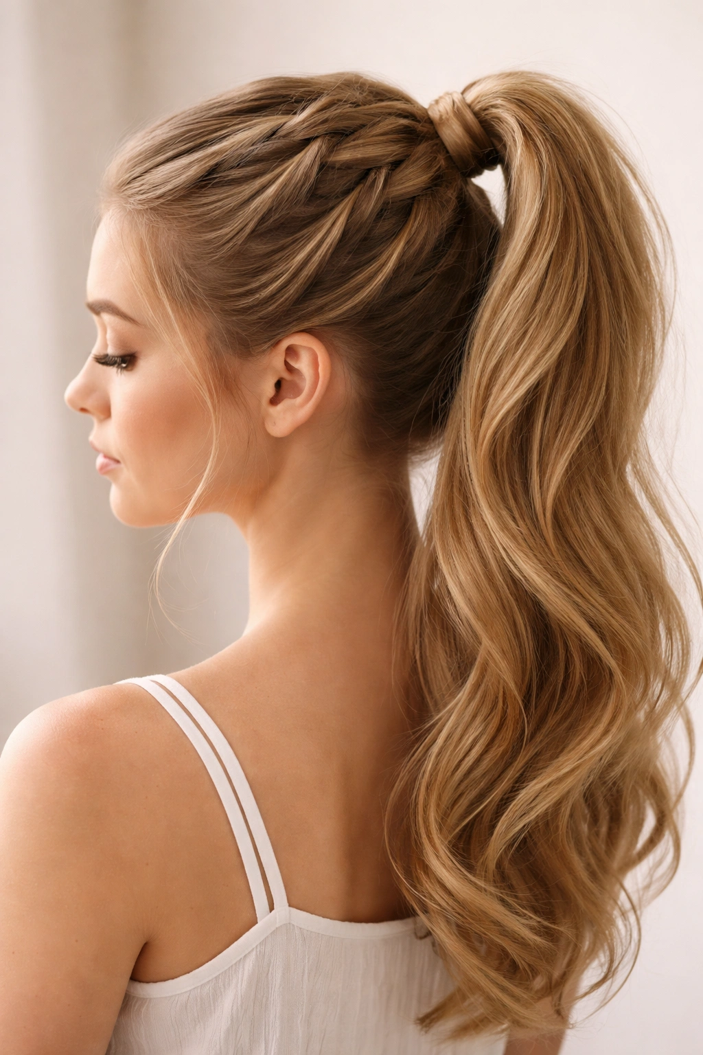Close-up of a classic French braid transitioning into a high ponytail on a model