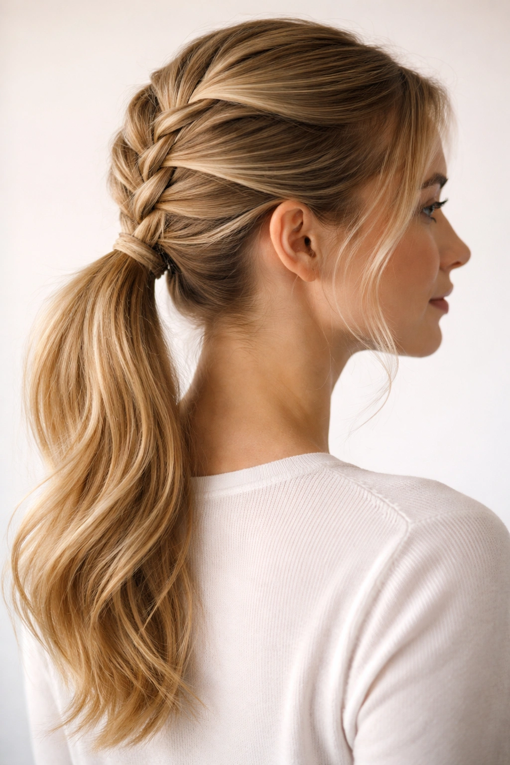 Close-up of a French braid ponytail with an underbraid that sits flatter against the scalp