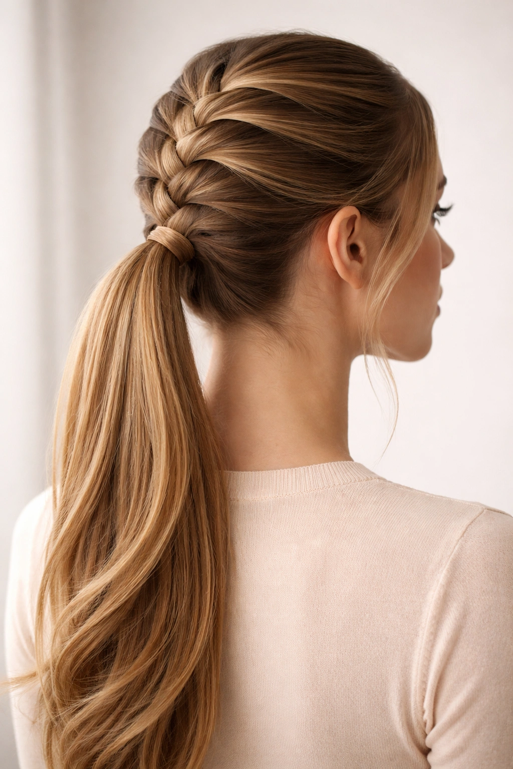 Close-up of a French braid flowing into a sleek ponytail, crown to tail.