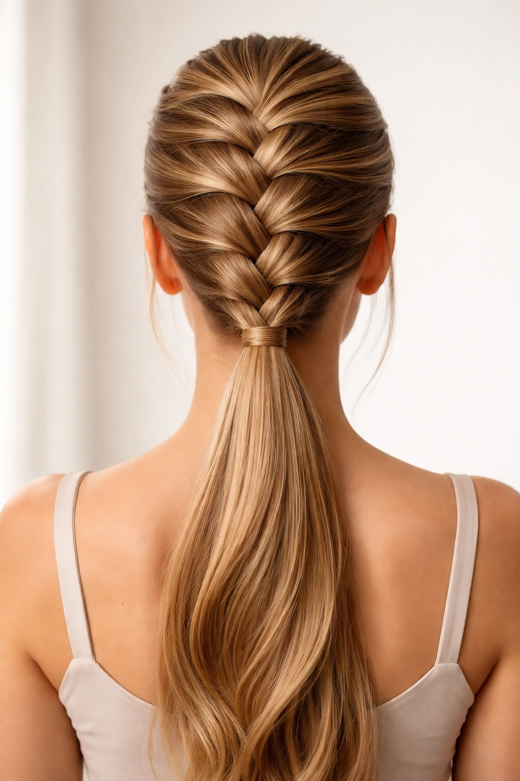 Back view of French braid merging into sleek ponytail