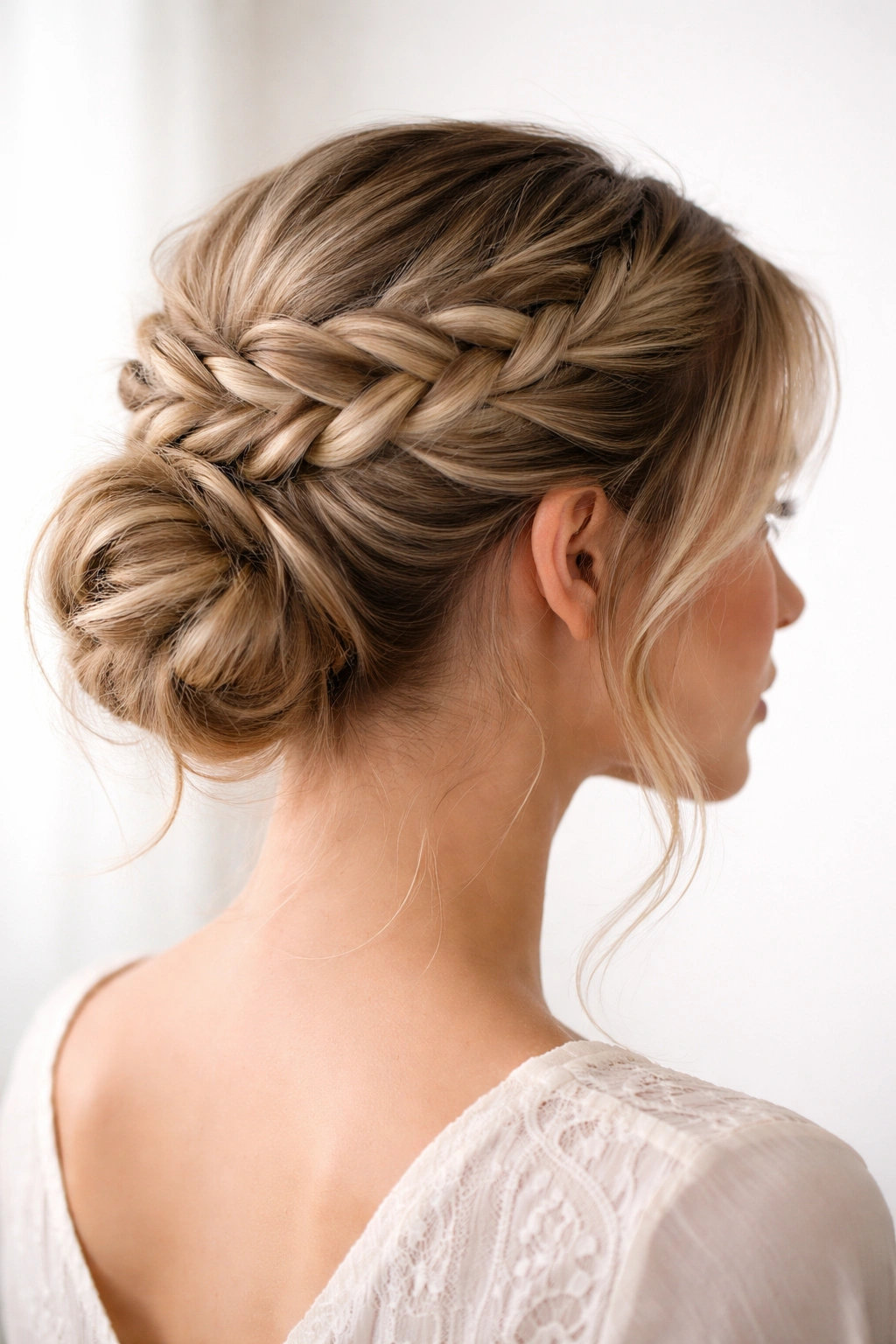 French braid spiraling around crown into a low bun
