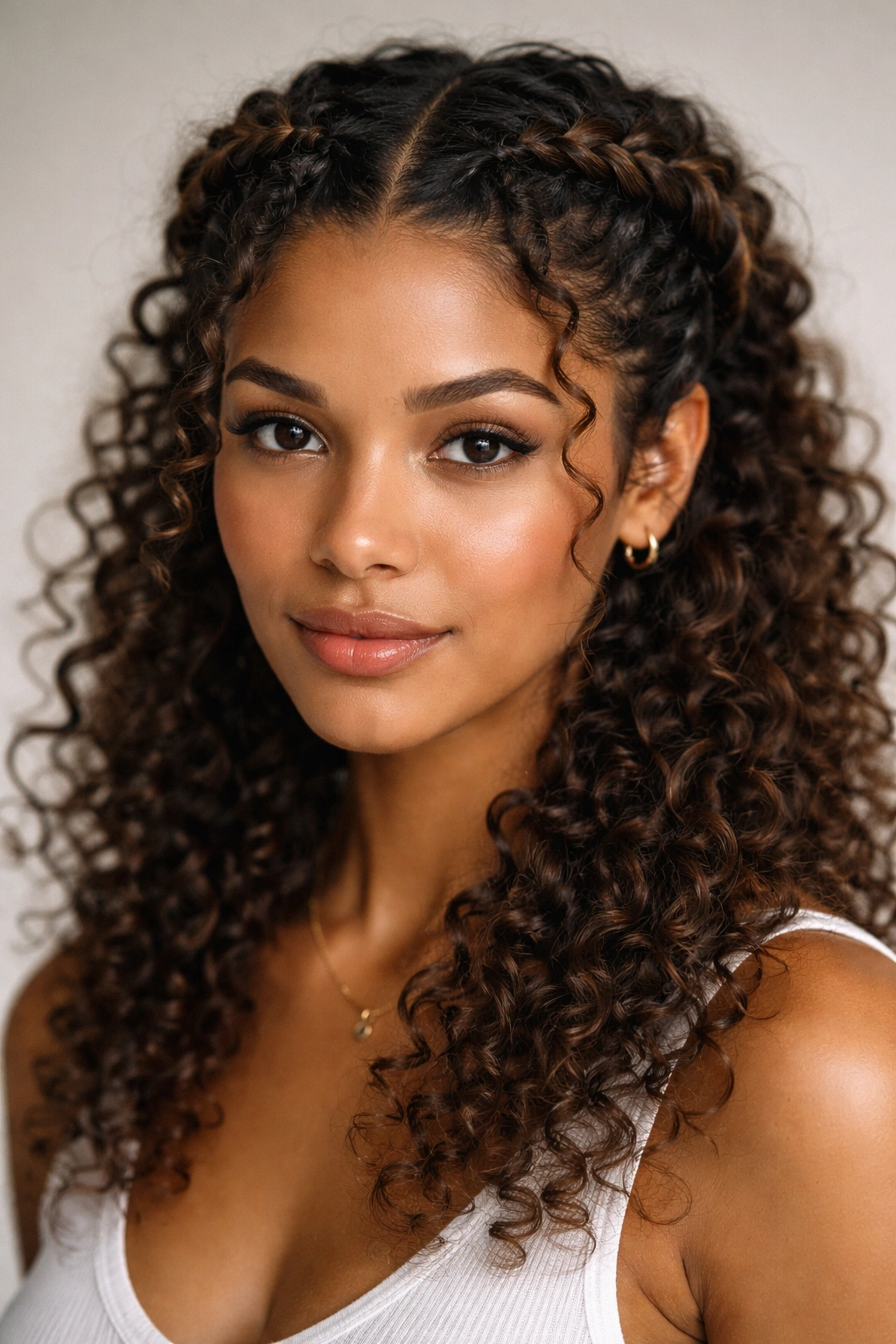 Loose French braids with curls caught in the braid