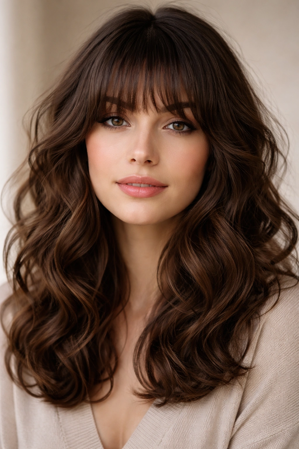 Face-framing bangs at brow level with voluminous waves.