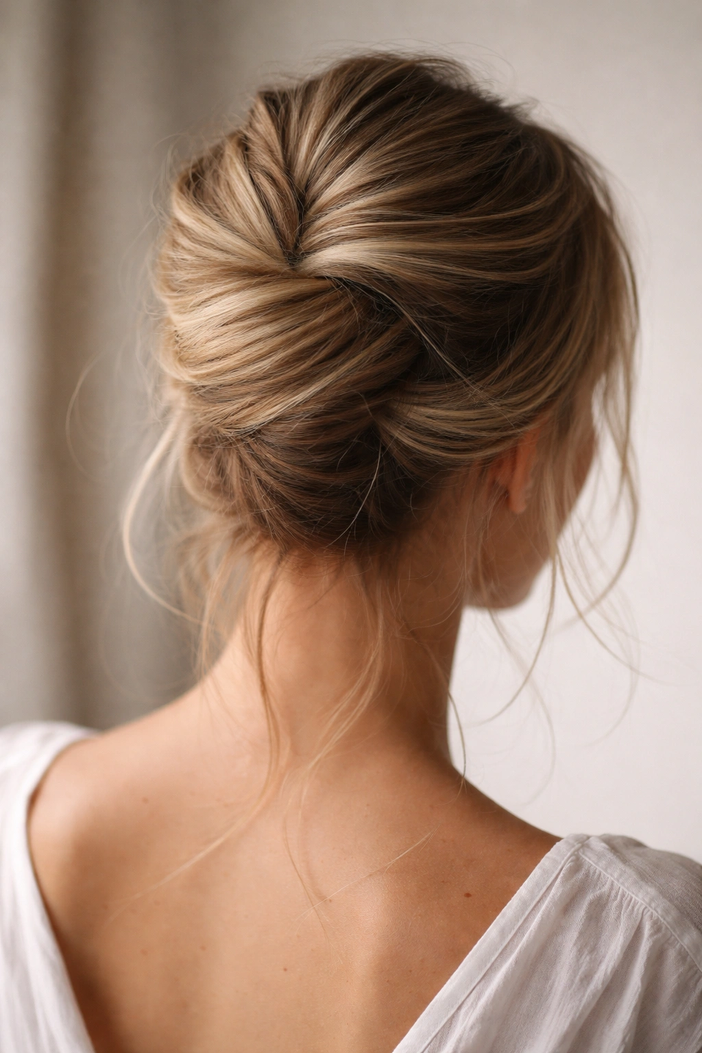 Back view of a classic French twist bun with loose nape strands and hidden pins