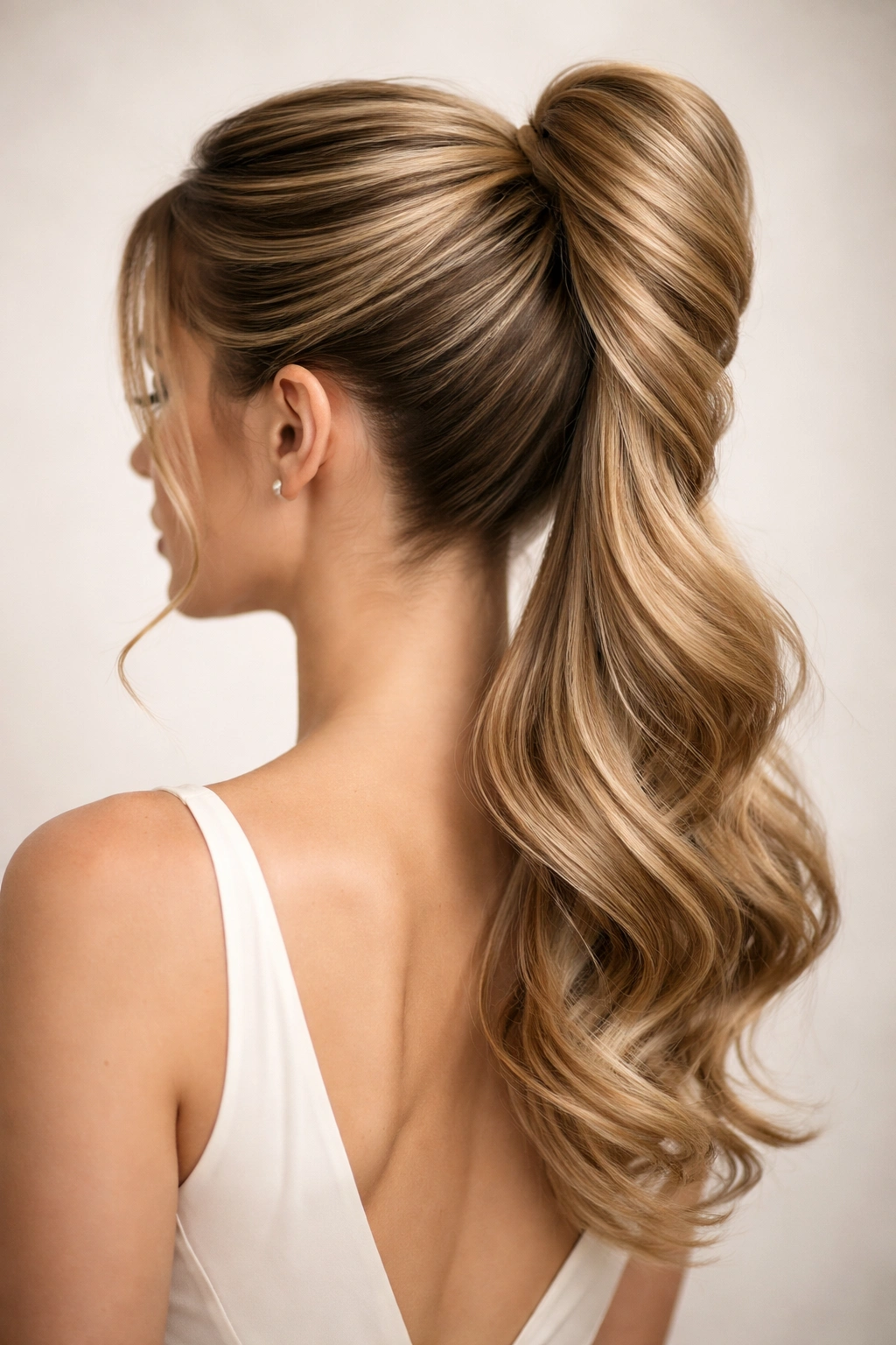 Close-up of a French twisted updo ponytail showing a vertical twist at the back