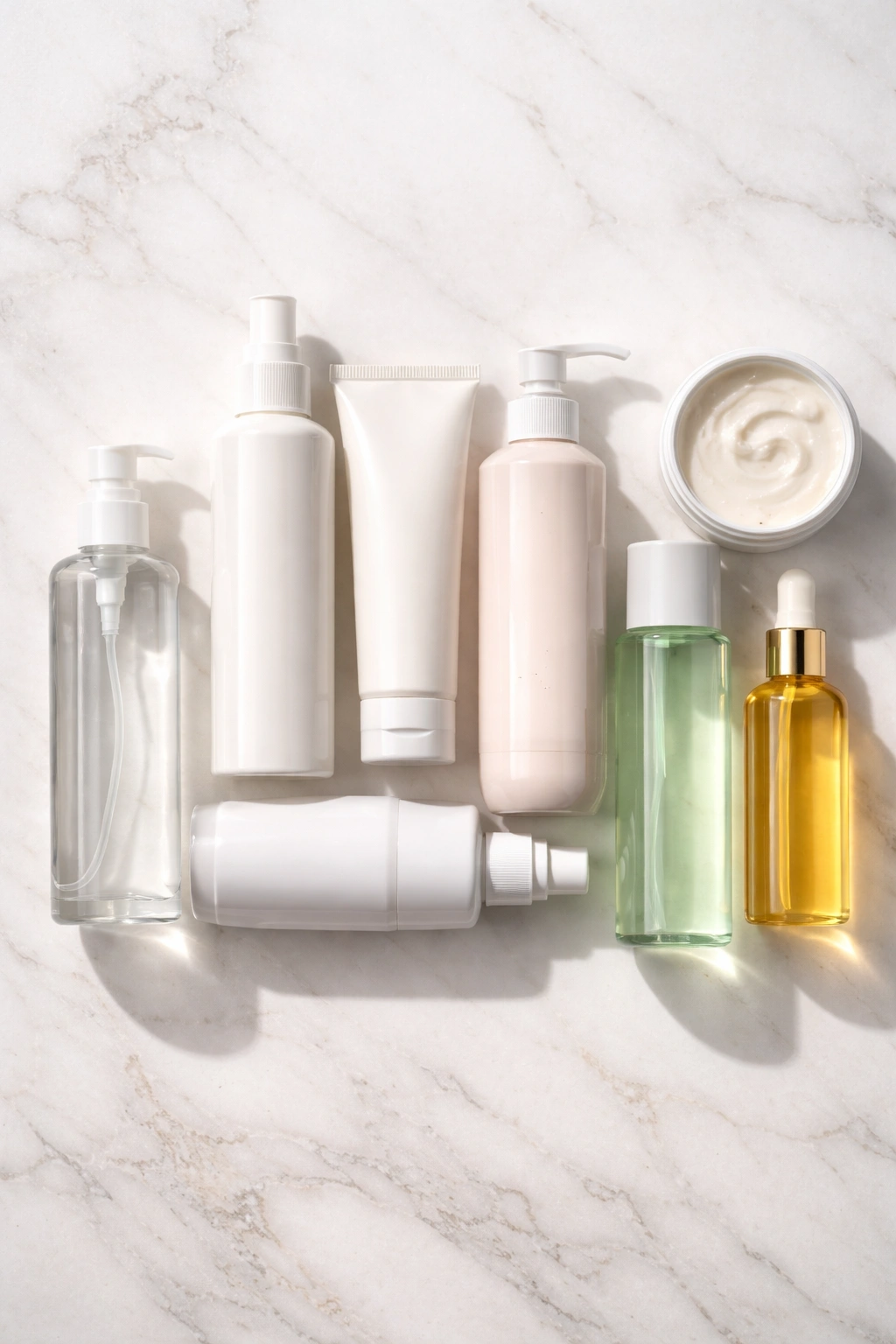 Row of generic unlabeled hair product bottles on a clean background