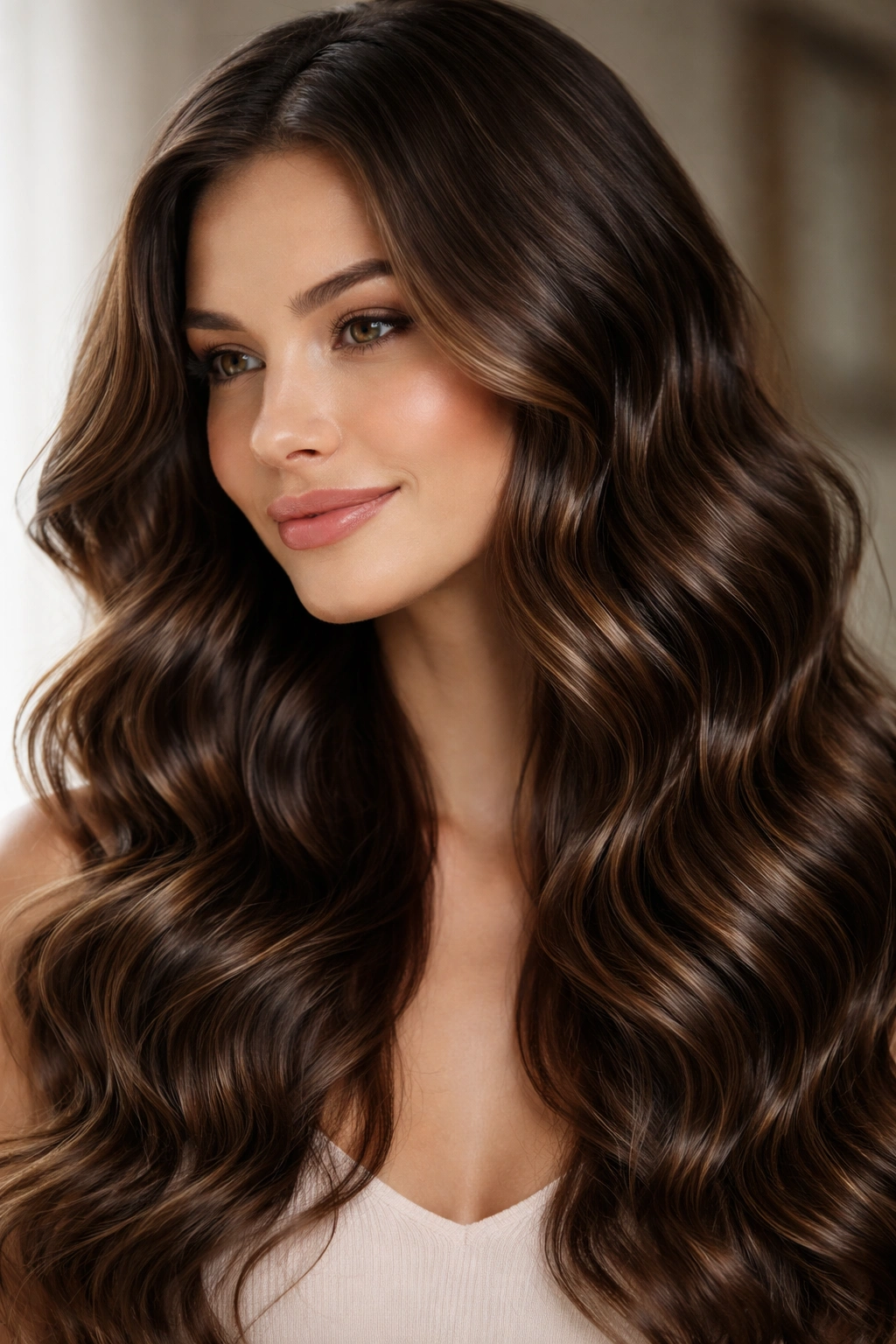 Close-up of glossy, frizz-free waves with smooth cuticles