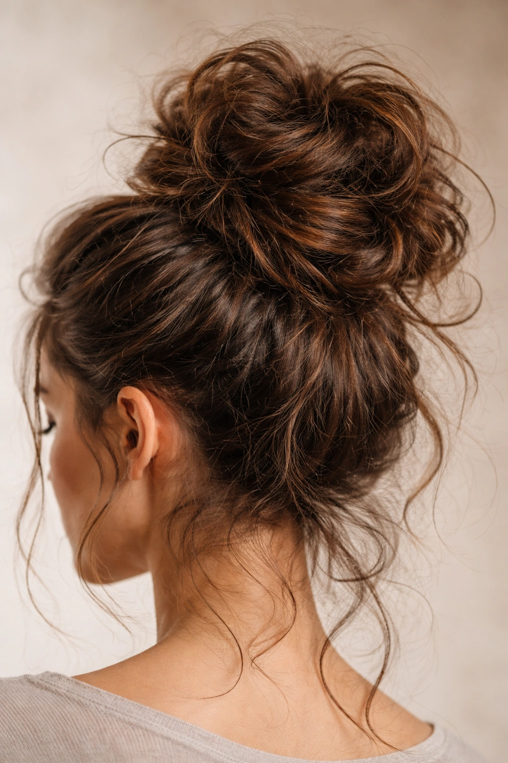 Close-up of a thick frizzy hair bun with pronounced texture and volume