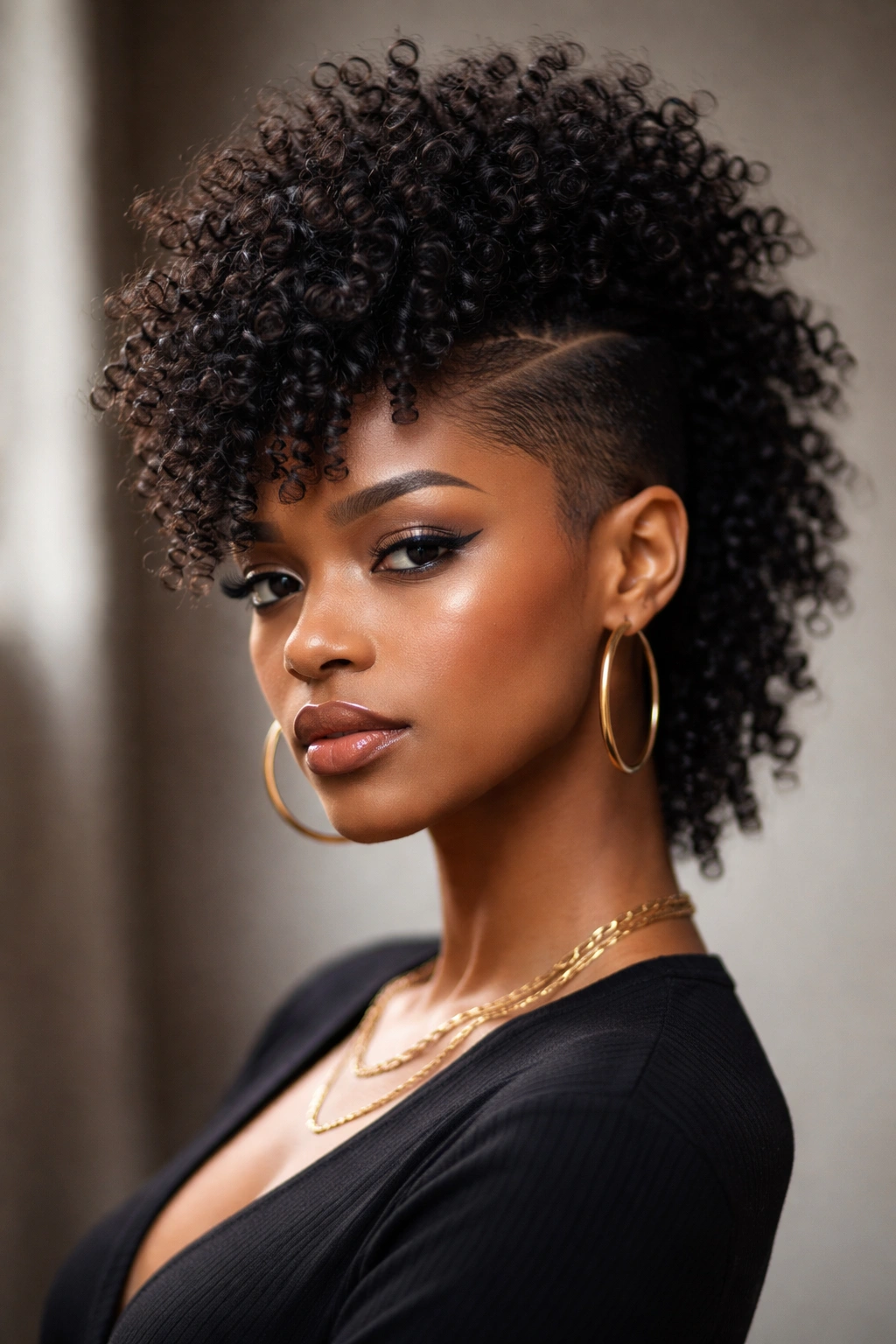 Portrait of a person with a frohawk showing a central ridge of curls