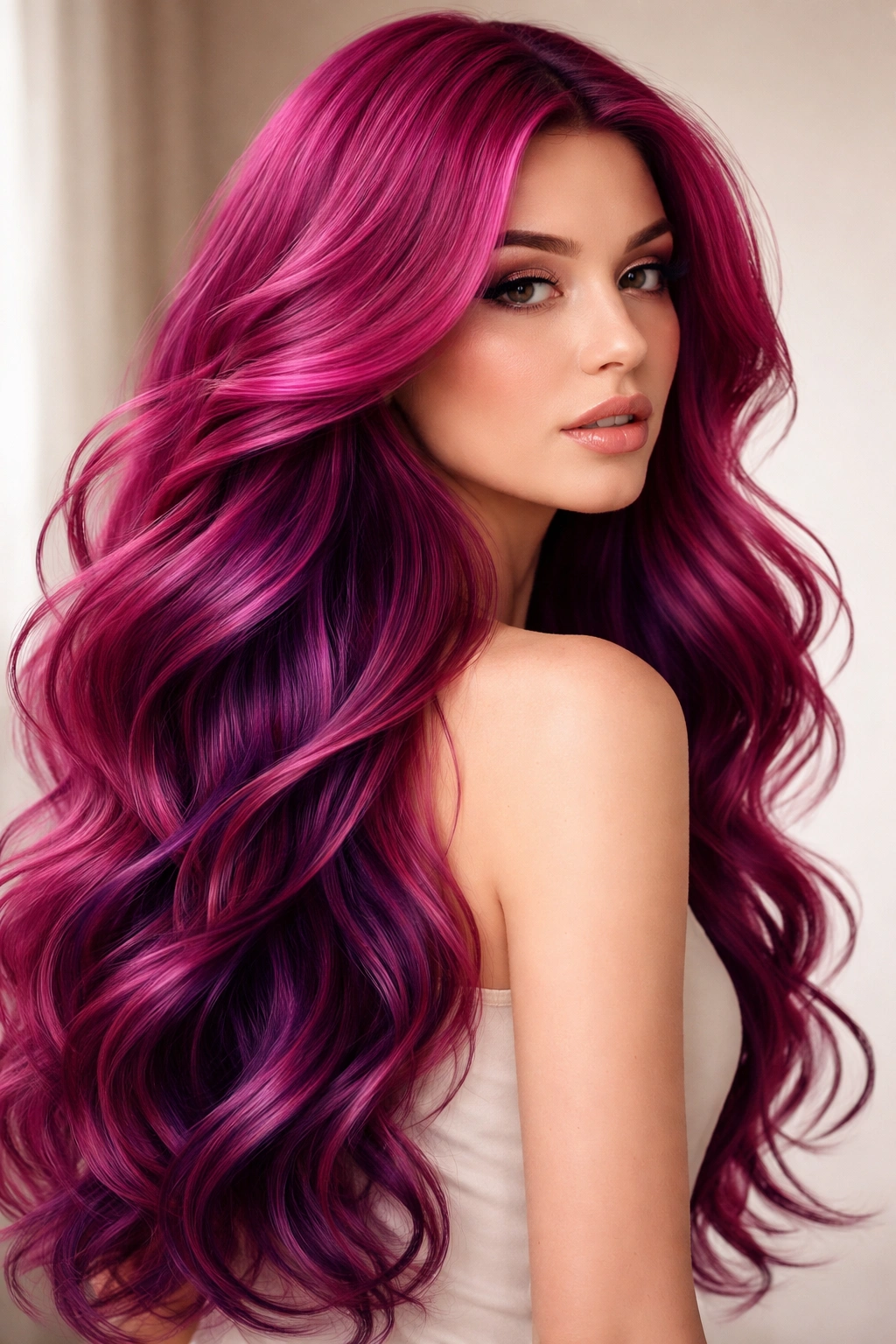 Close-up of fuchsia hair with hidden purple underlayer in soft studio lighting