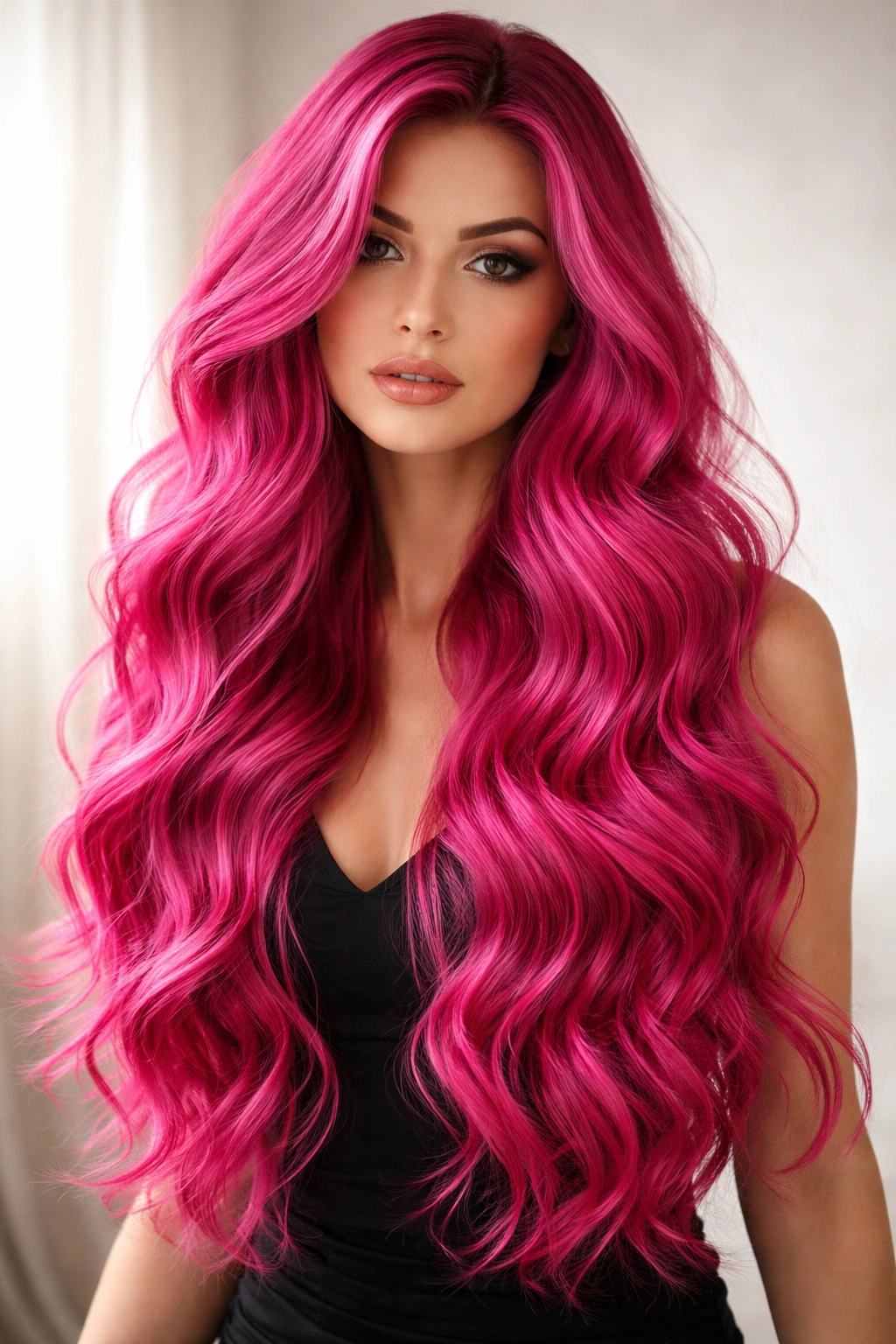 Bold fuchsia long hair with defined waves