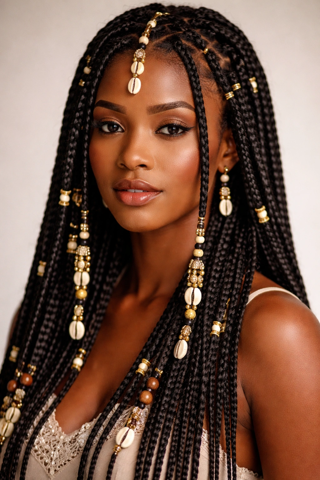 Fulani-inspired box braids with beads and cowrie shells
