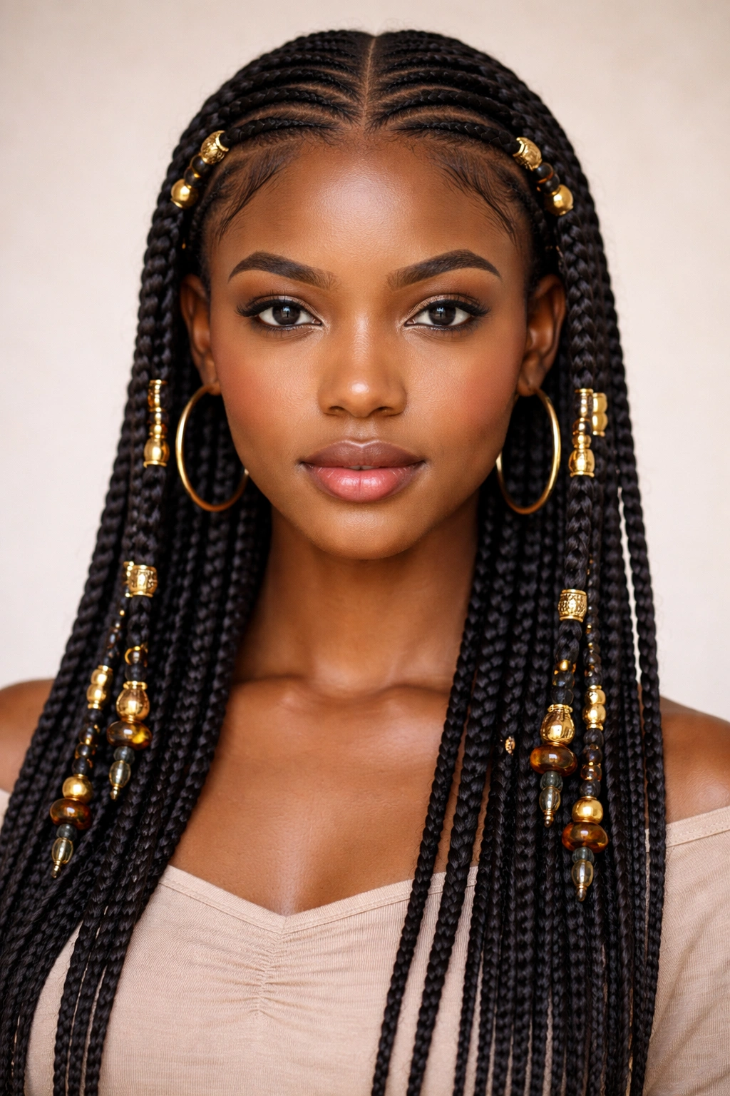 Fulani braids with center part and bead decorations