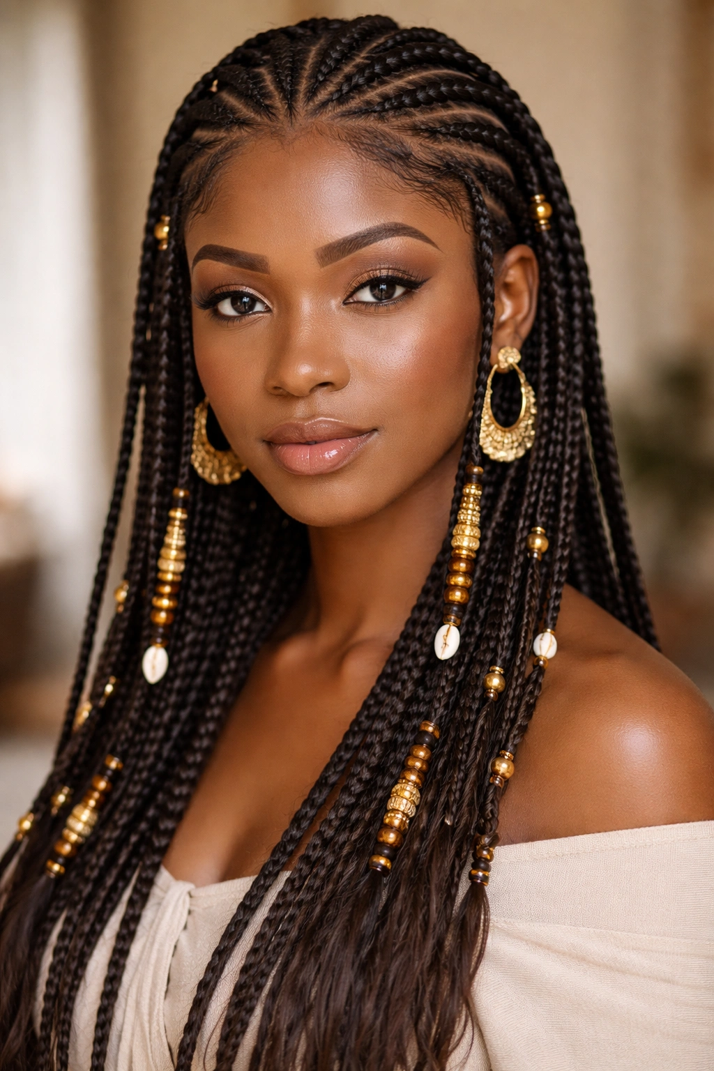 Front view of Fulani braids with central cornrows and face-framing beaded braids