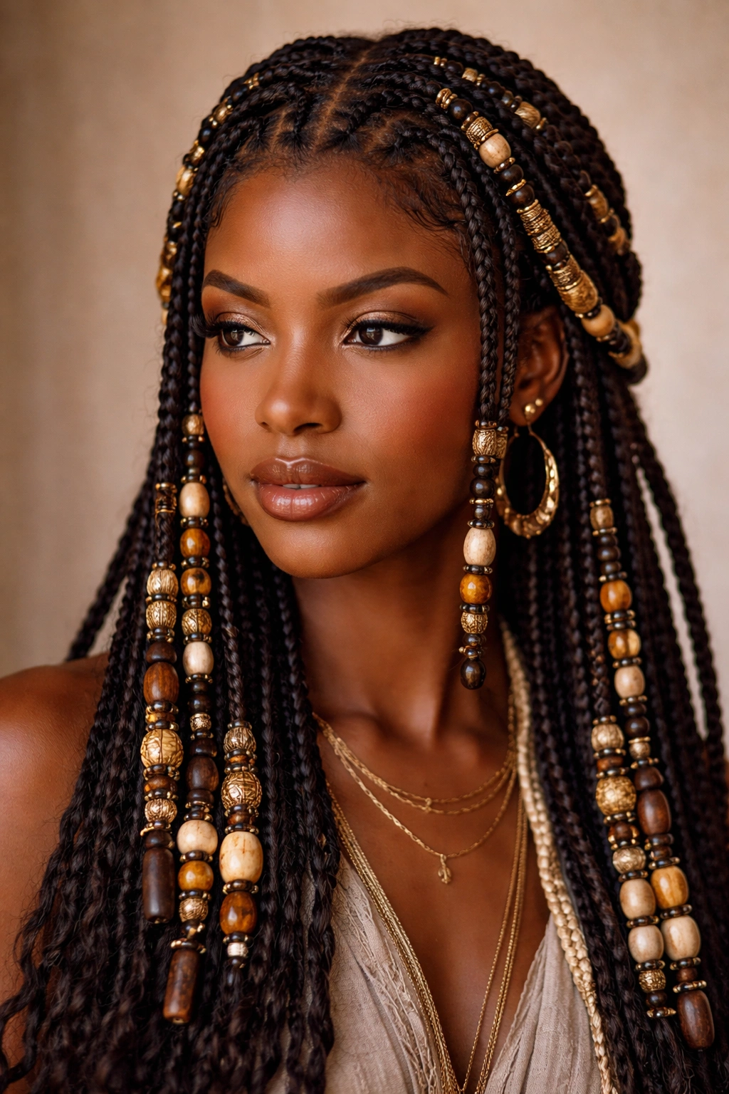 Fulani-inspired braids with beads and wraps on Afro hair